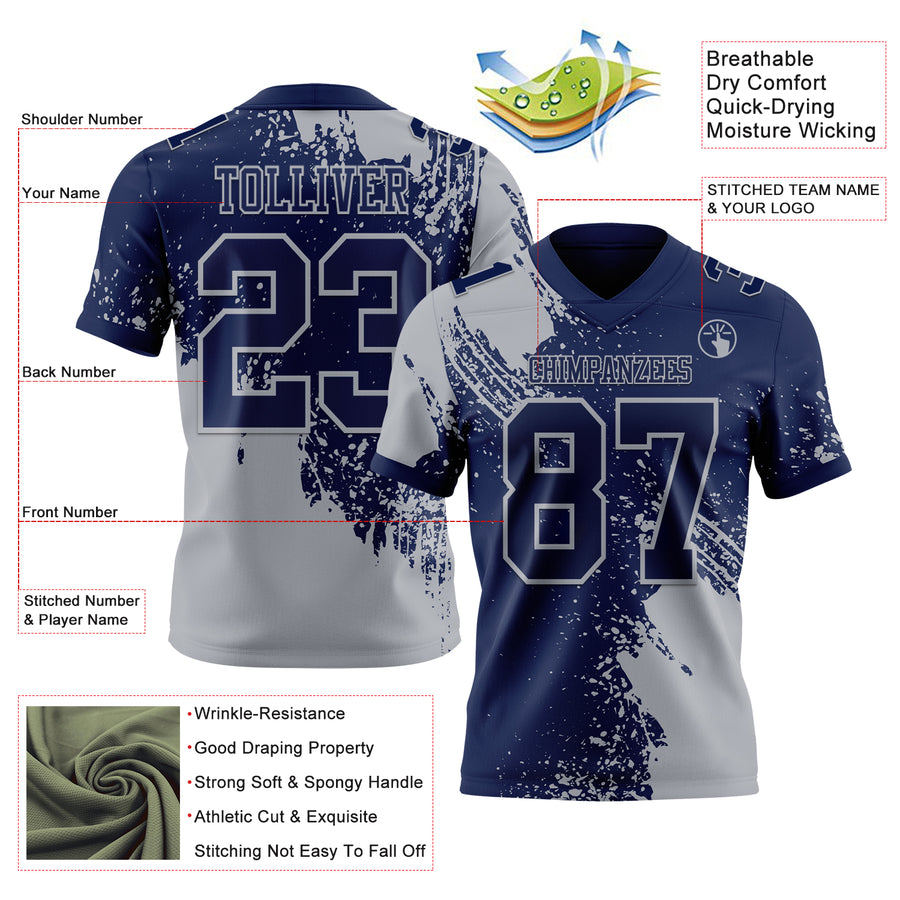 Custom Navy Gray 3D Pattern Abstract Brush Stroke Authentic Football Jersey