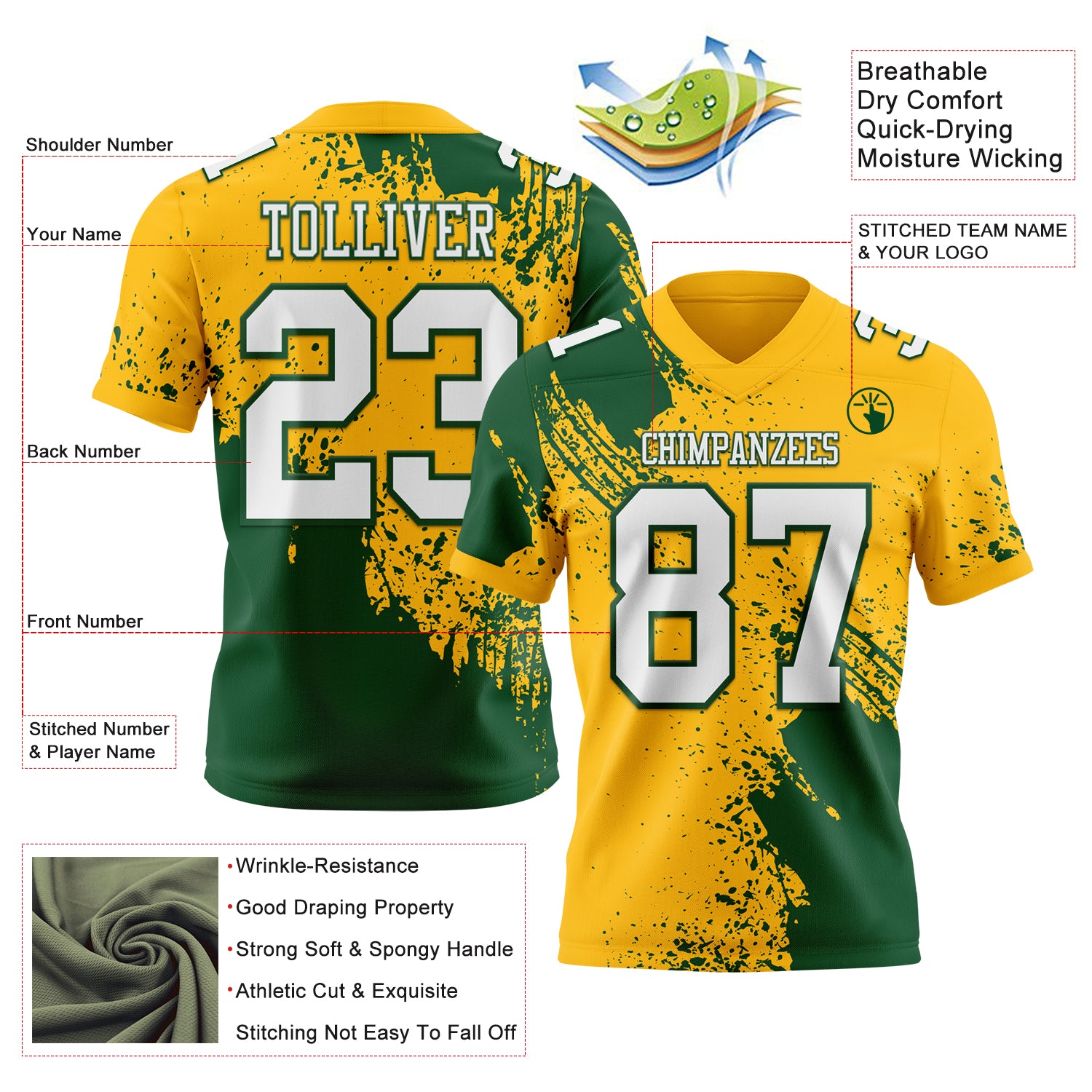 Custom Gold White-Green 3D Pattern Abstract Brush Stroke Authentic Football Jersey