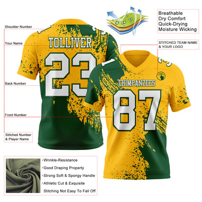Custom Gold White-Green 3D Pattern Abstract Brush Stroke Authentic Football Jersey