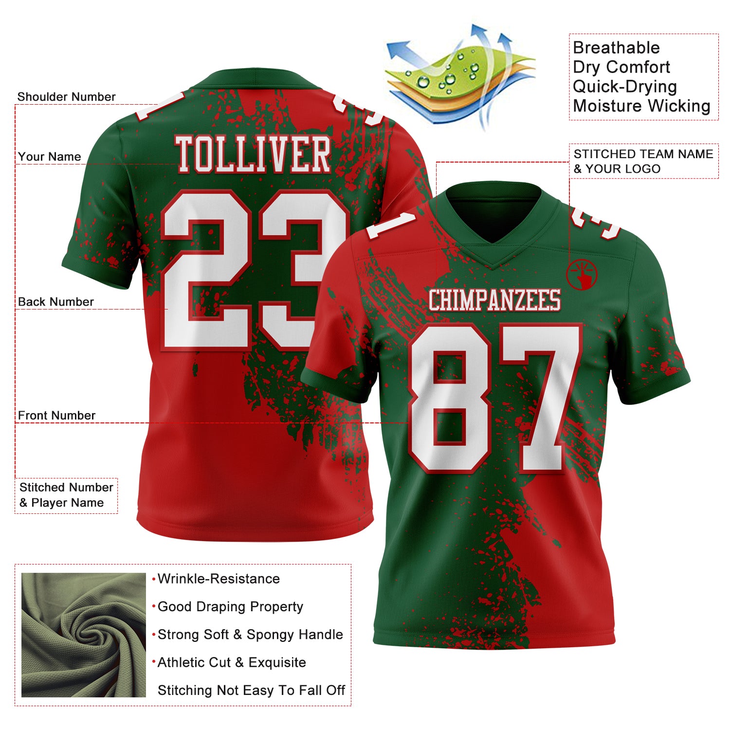 Custom Green White-Red 3D Pattern Abstract Brush Stroke Authentic Football Jersey