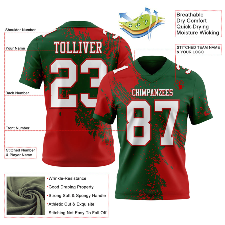 Custom Green White-Red 3D Pattern Abstract Brush Stroke Authentic Football Jersey