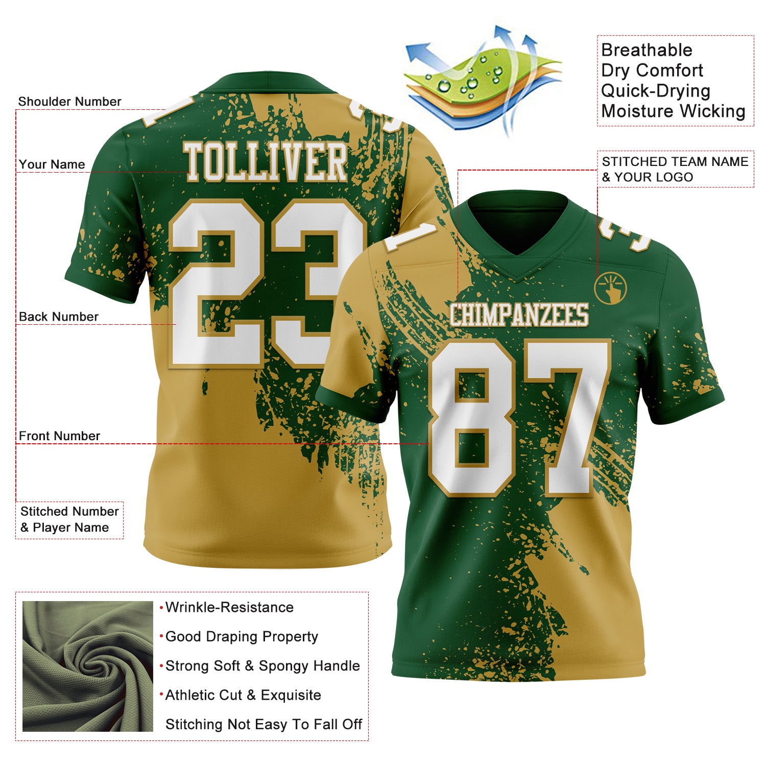 Custom Green White-Old Gold 3D Pattern Abstract Brush Stroke Authentic Football Jersey