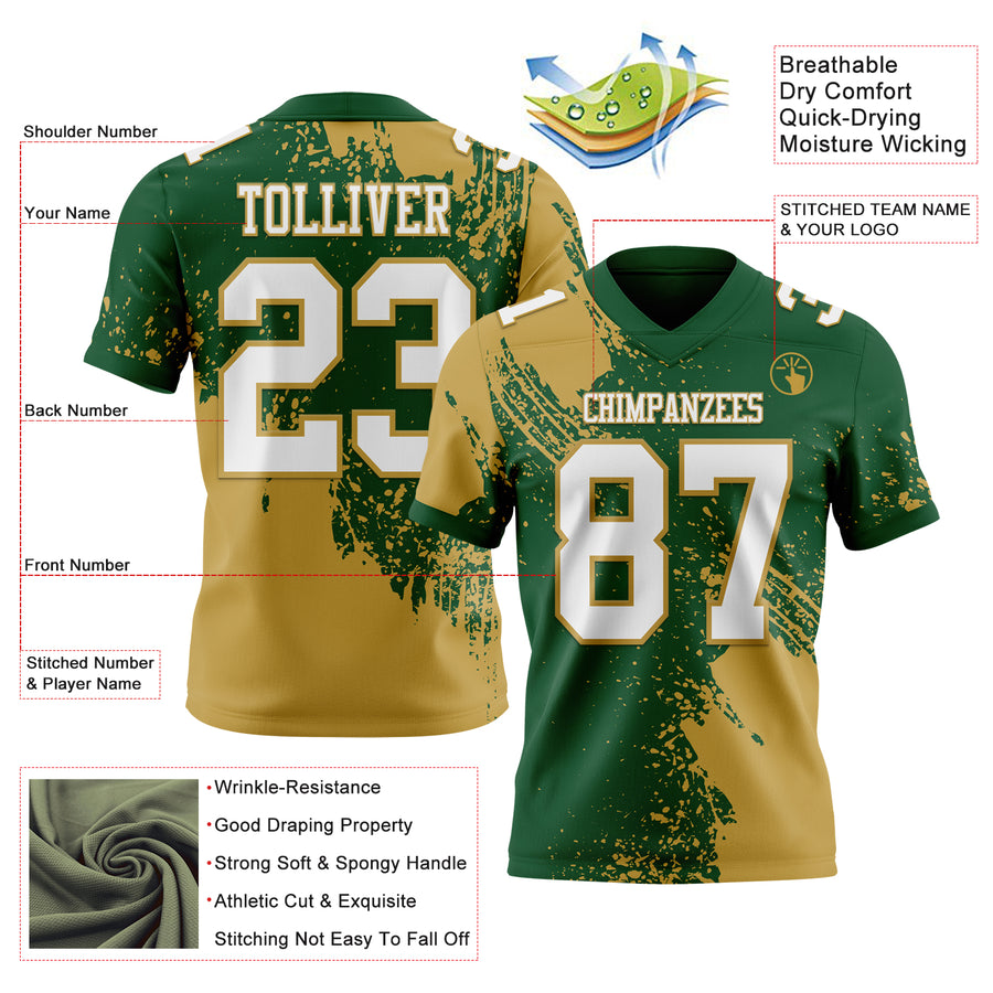 Custom Green White-Old Gold 3D Pattern Abstract Brush Stroke Authentic Football Jersey