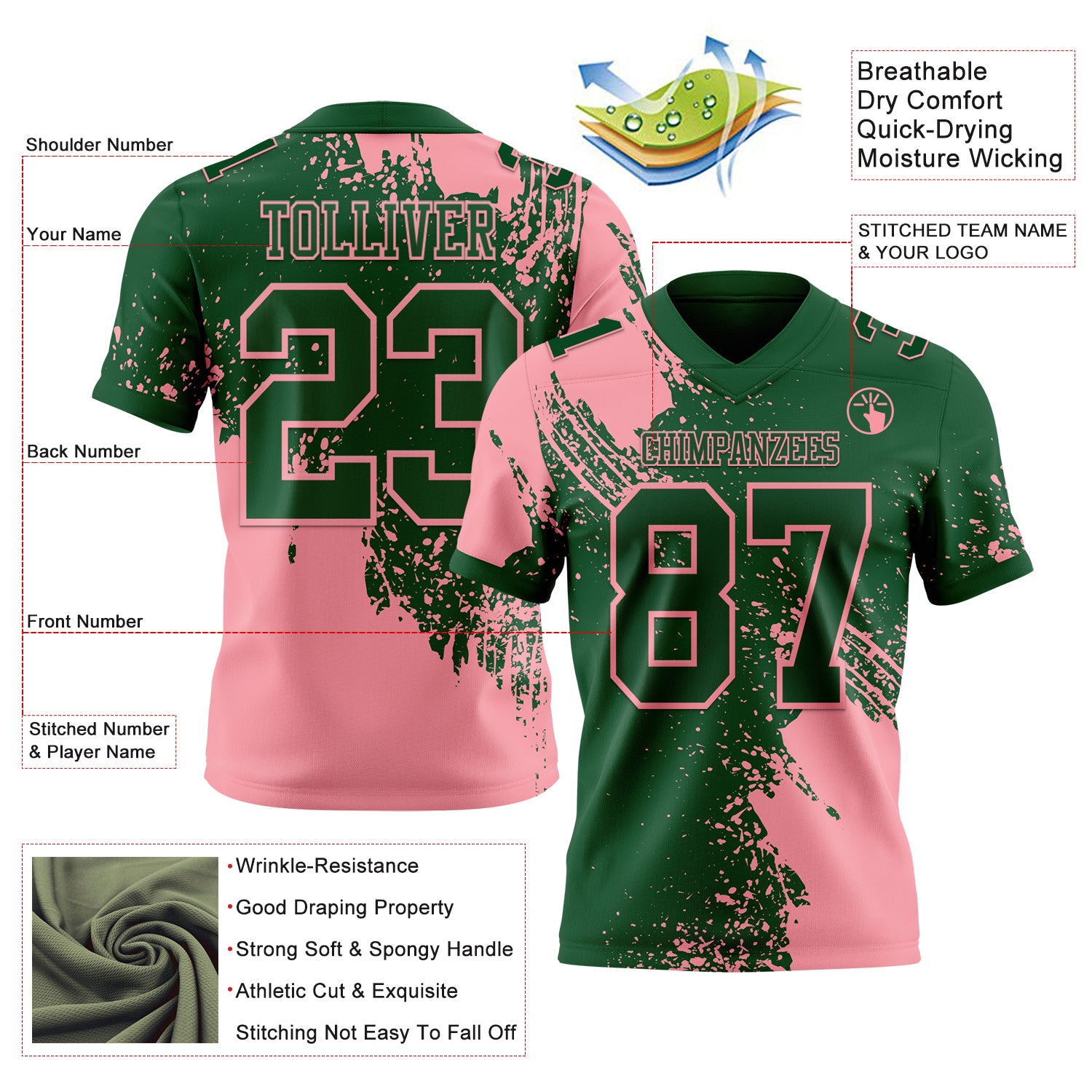 Custom Green Medium Pink 3D Pattern Abstract Brush Stroke Authentic Football Jersey