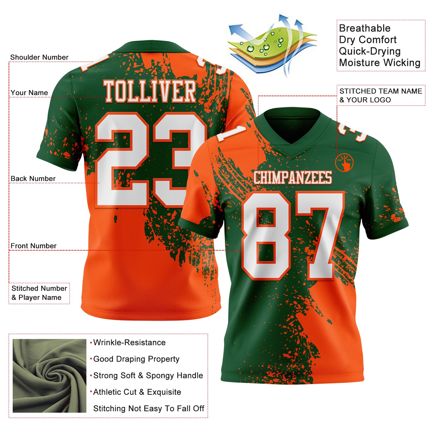 Custom Green White-Orange 3D Pattern Abstract Brush Stroke Authentic Football Jersey