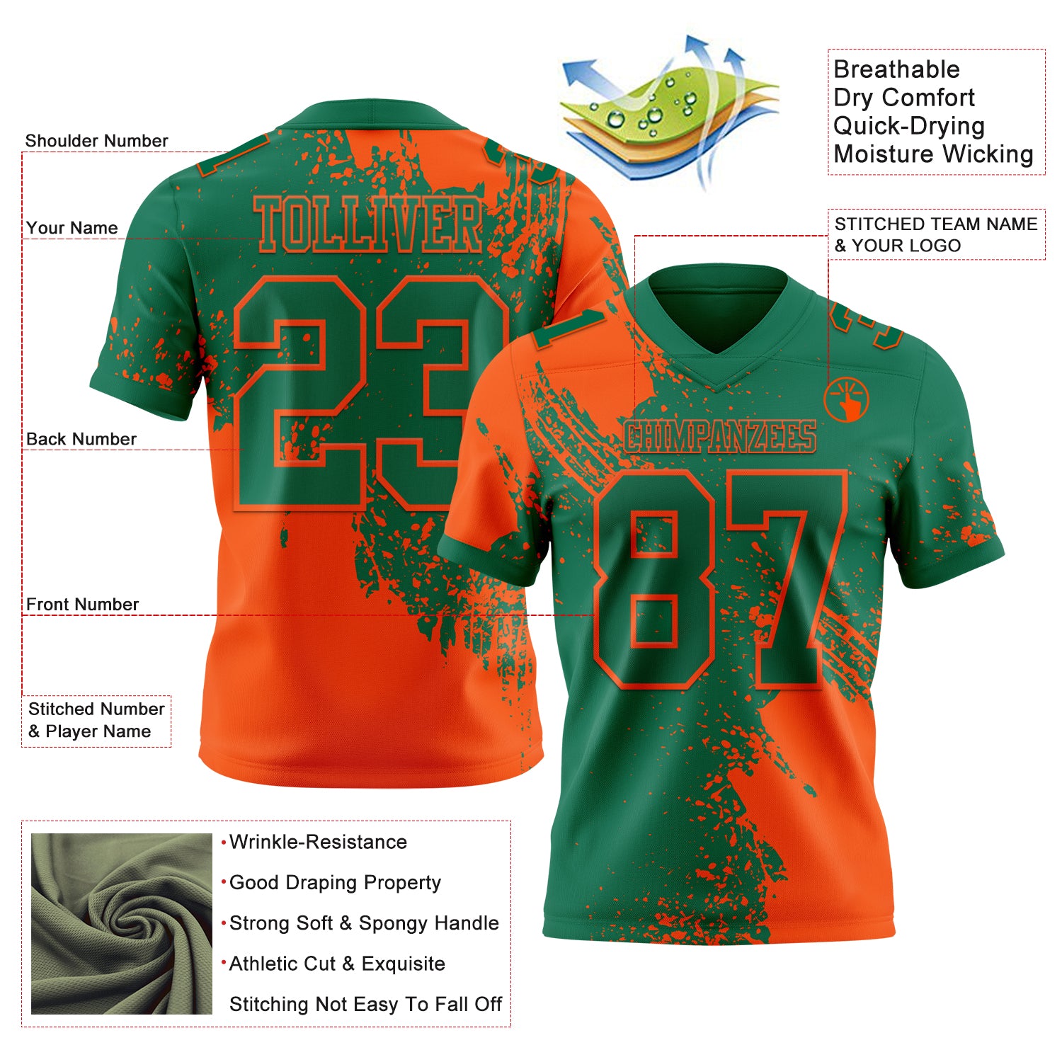 Custom Kelly Green Orange 3D Pattern Abstract Brush Stroke Authentic Football Jersey