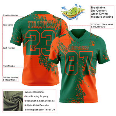Custom Kelly Green Orange 3D Pattern Abstract Brush Stroke Authentic Football Jersey