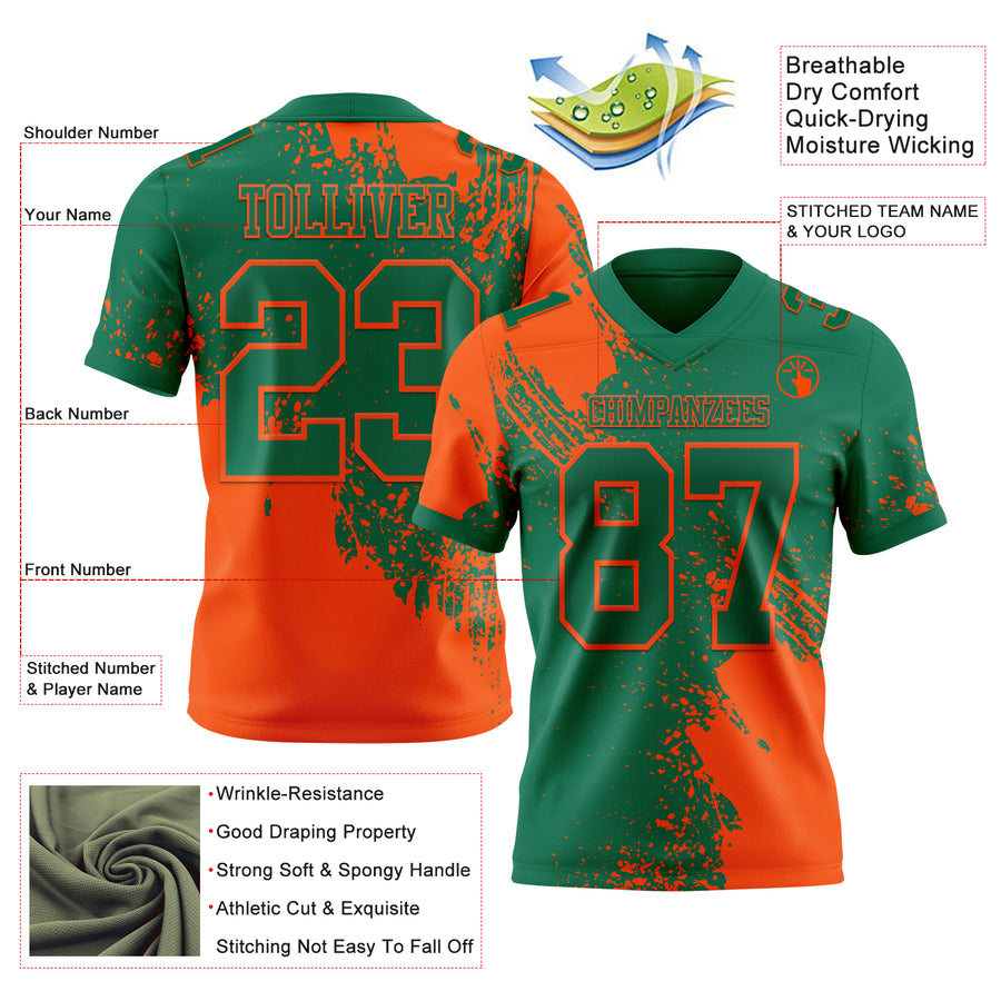 Custom Kelly Green Orange 3D Pattern Abstract Brush Stroke Authentic Football Jersey