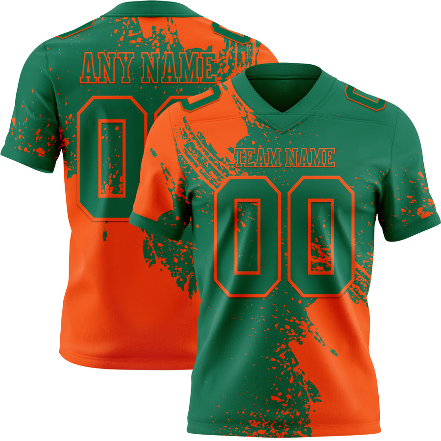 Custom Kelly Green Orange 3D Pattern Abstract Brush Stroke Authentic Football Jersey