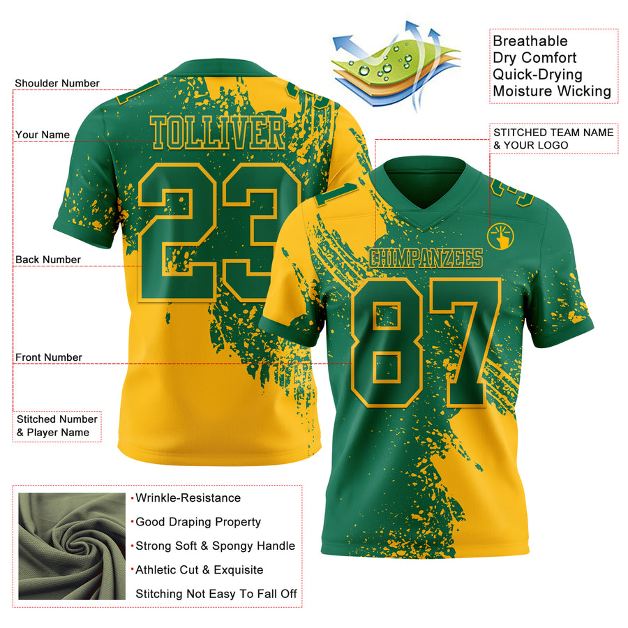 Custom Kelly Green Gold 3D Pattern Abstract Brush Stroke Authentic Football Jersey