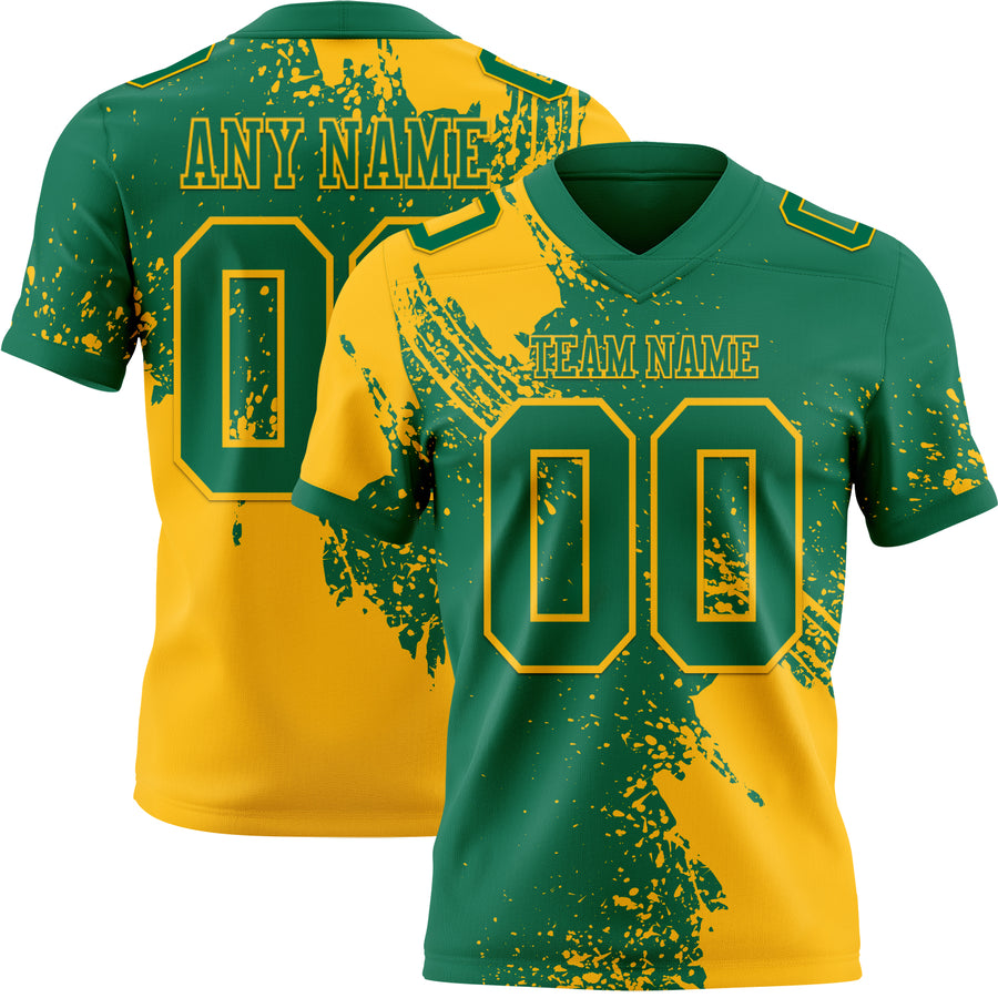 Custom Kelly Green Gold 3D Pattern Abstract Brush Stroke Authentic Football Jersey