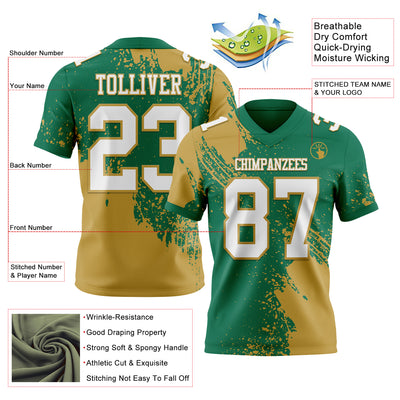 Custom Kelly Green White-Old Gold 3D Pattern Abstract Brush Stroke Authentic Football Jersey
