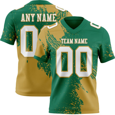 Custom Kelly Green White-Old Gold 3D Pattern Abstract Brush Stroke Authentic Football Jersey