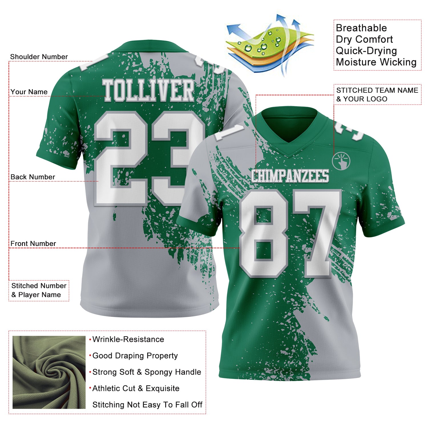 Custom Kelly Green White-Gray 3D Pattern Abstract Brush Stroke Authentic Football Jersey
