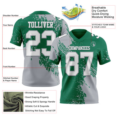 Custom Kelly Green White-Gray 3D Pattern Abstract Brush Stroke Authentic Football Jersey