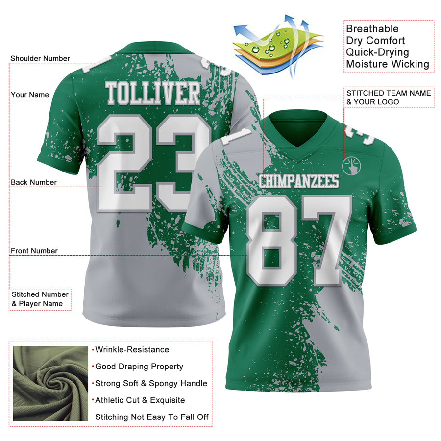 Custom Kelly Green White-Gray 3D Pattern Abstract Brush Stroke Authentic Football Jersey