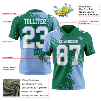 Custom Kelly Green White-Light Blue 3D Pattern Abstract Brush Stroke Authentic Football Jersey