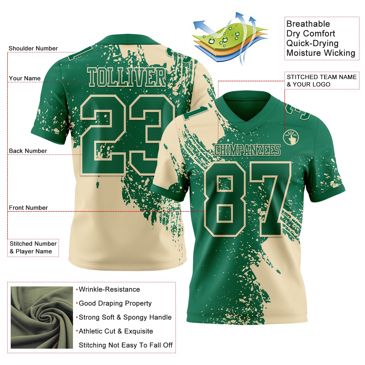 Custom Kelly Green Cream 3D Pattern Abstract Brush Stroke Authentic Football Jersey