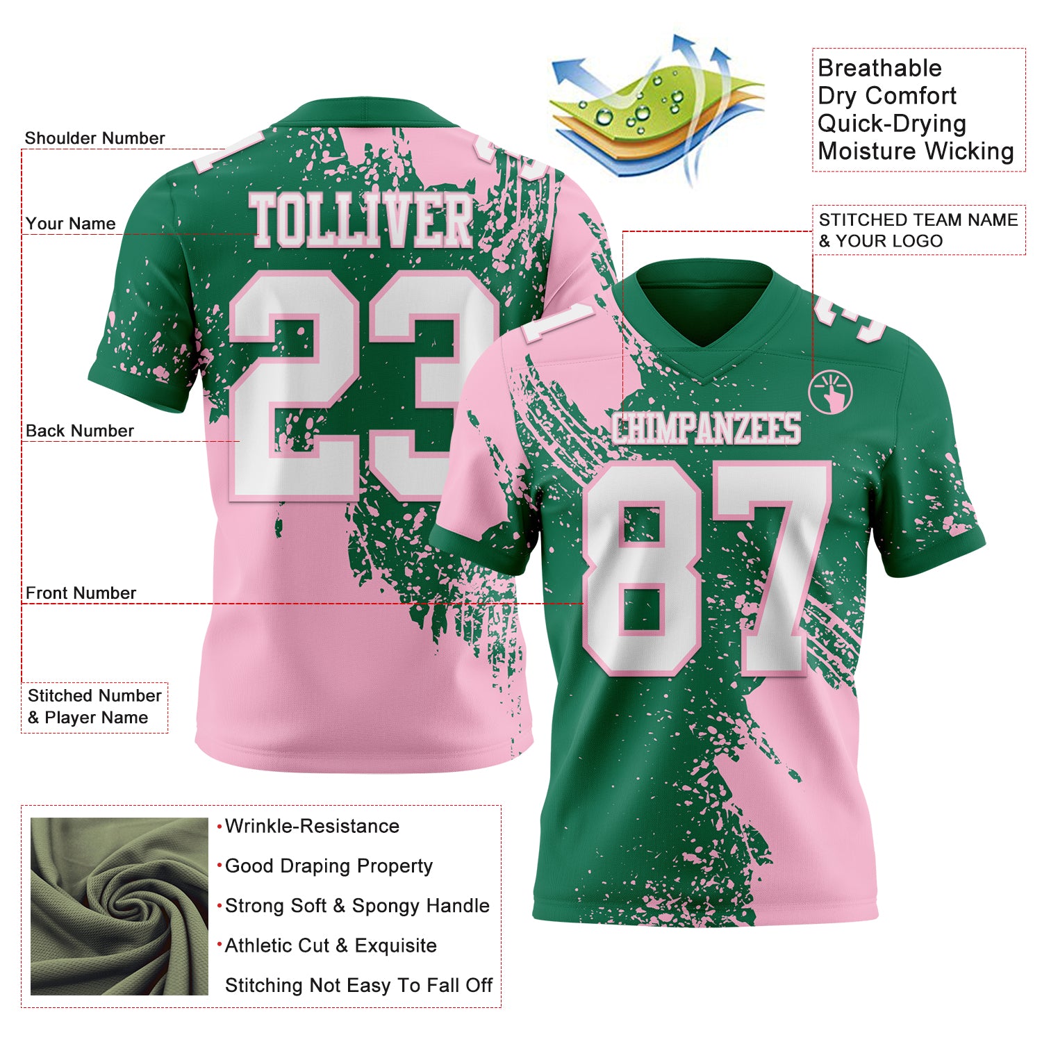 Custom Kelly Green White-Light Pink 3D Pattern Abstract Brush Stroke Authentic Football Jersey