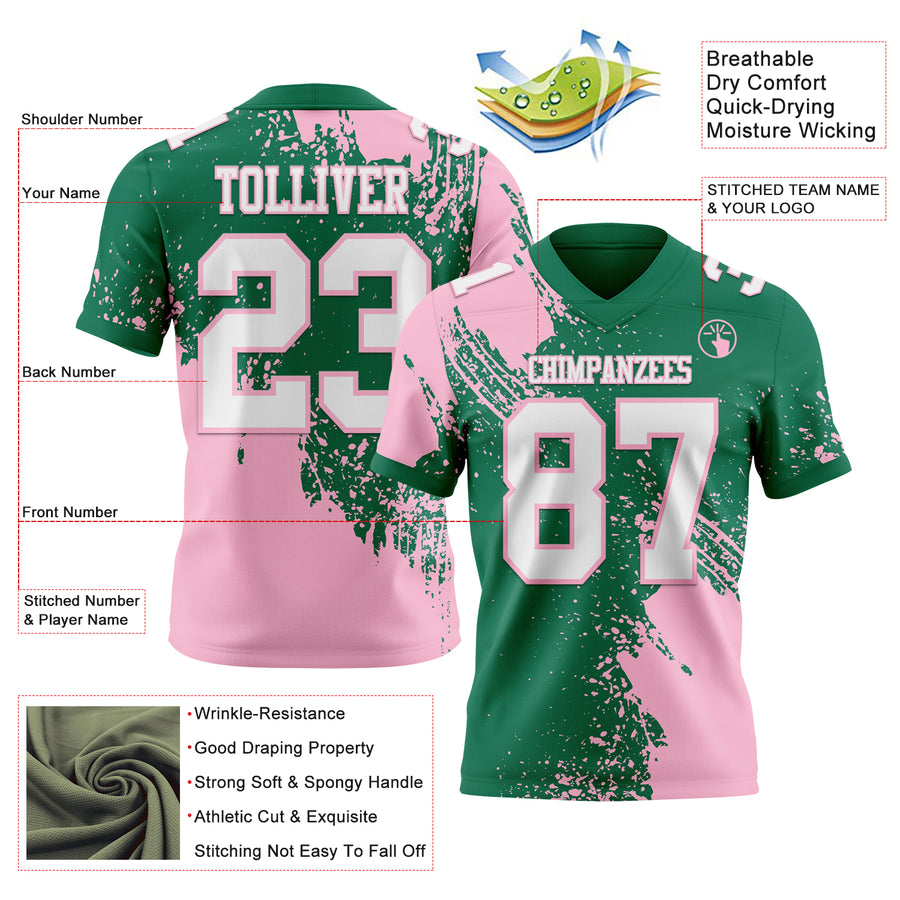 Custom Kelly Green White-Light Pink 3D Pattern Abstract Brush Stroke Authentic Football Jersey