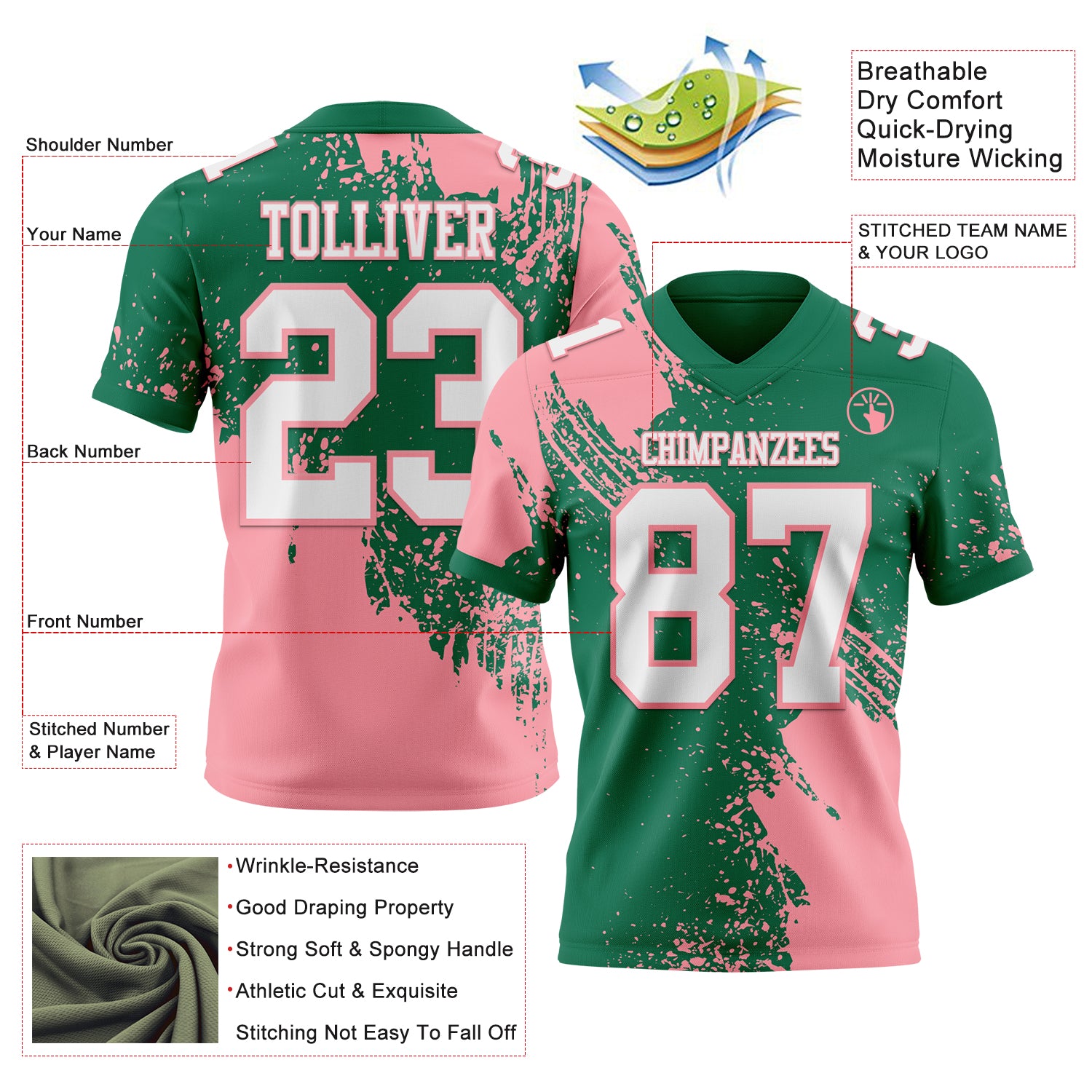 Custom Kelly Green White-Medium Pink 3D Pattern Abstract Brush Stroke Authentic Football Jersey