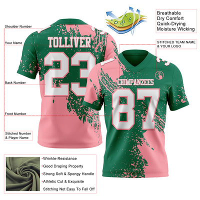 Custom Kelly Green White-Medium Pink 3D Pattern Abstract Brush Stroke Authentic Football Jersey
