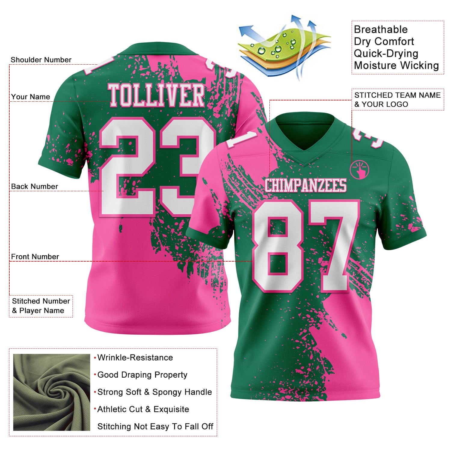 Custom Kelly Green White-Pink 3D Pattern Abstract Brush Stroke Authentic Football Jersey