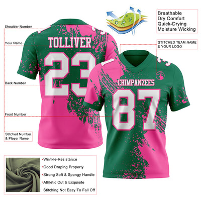 Custom Kelly Green White-Pink 3D Pattern Abstract Brush Stroke Authentic Football Jersey