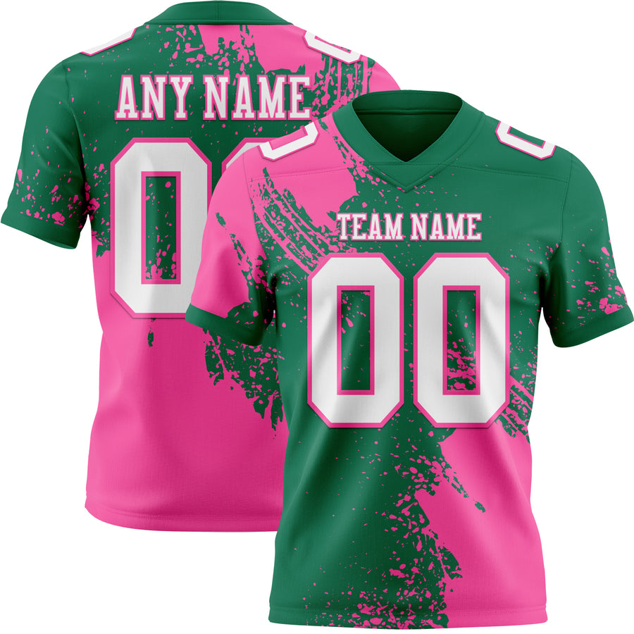 Custom Kelly Green White-Pink 3D Pattern Abstract Brush Stroke Authentic Football Jersey