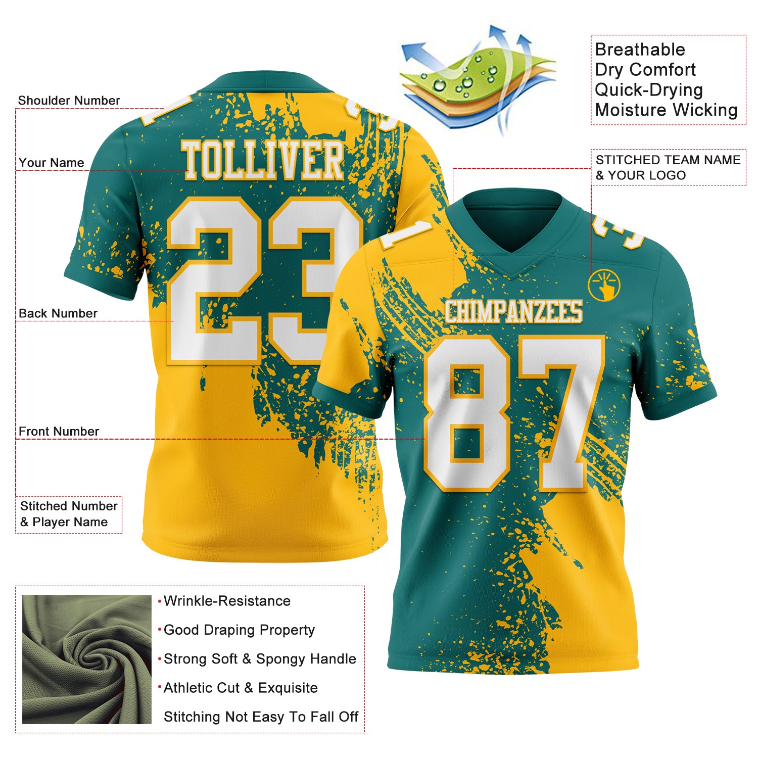 Custom Teal White-Gold 3D Pattern Abstract Brush Stroke Authentic Football Jersey