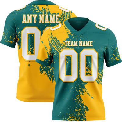 Custom Teal White-Gold 3D Pattern Abstract Brush Stroke Authentic Football Jersey