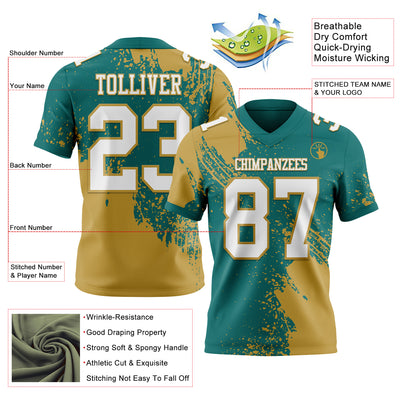 Custom Teal White-Old Gold 3D Pattern Abstract Brush Stroke Authentic Football Jersey