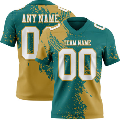 Custom Teal White-Old Gold 3D Pattern Abstract Brush Stroke Authentic Football Jersey