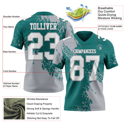 Custom Teal White-Gray 3D Pattern Abstract Brush Stroke Authentic Football Jersey