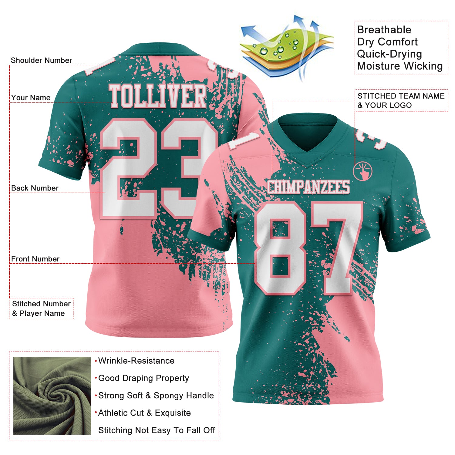 Custom Teal White-Medium Pink 3D Pattern Abstract Brush Stroke Authentic Football Jersey