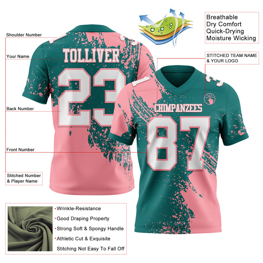 Custom Teal White-Medium Pink 3D Pattern Abstract Brush Stroke Authentic Football Jersey