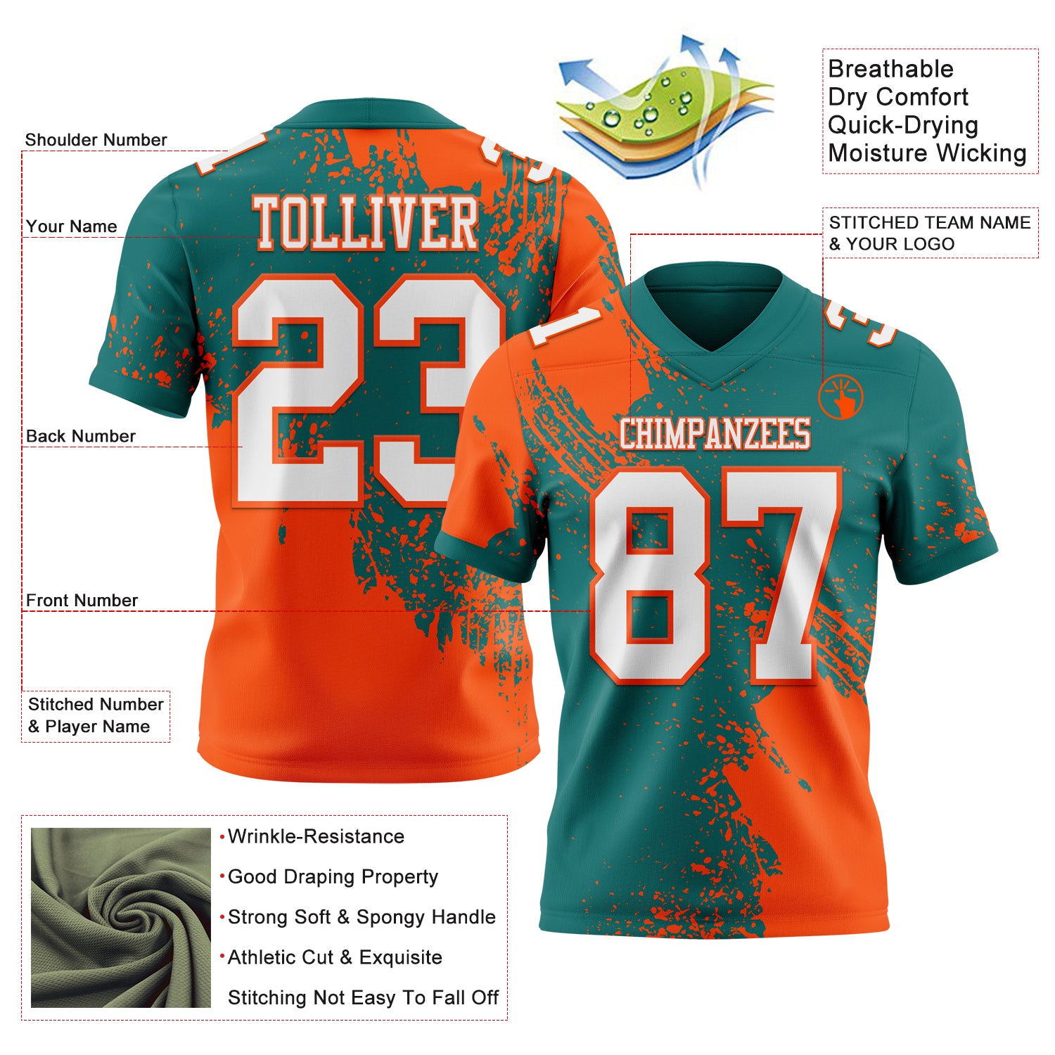 Custom Teal White-Orange 3D Pattern Abstract Brush Stroke Authentic Football Jersey