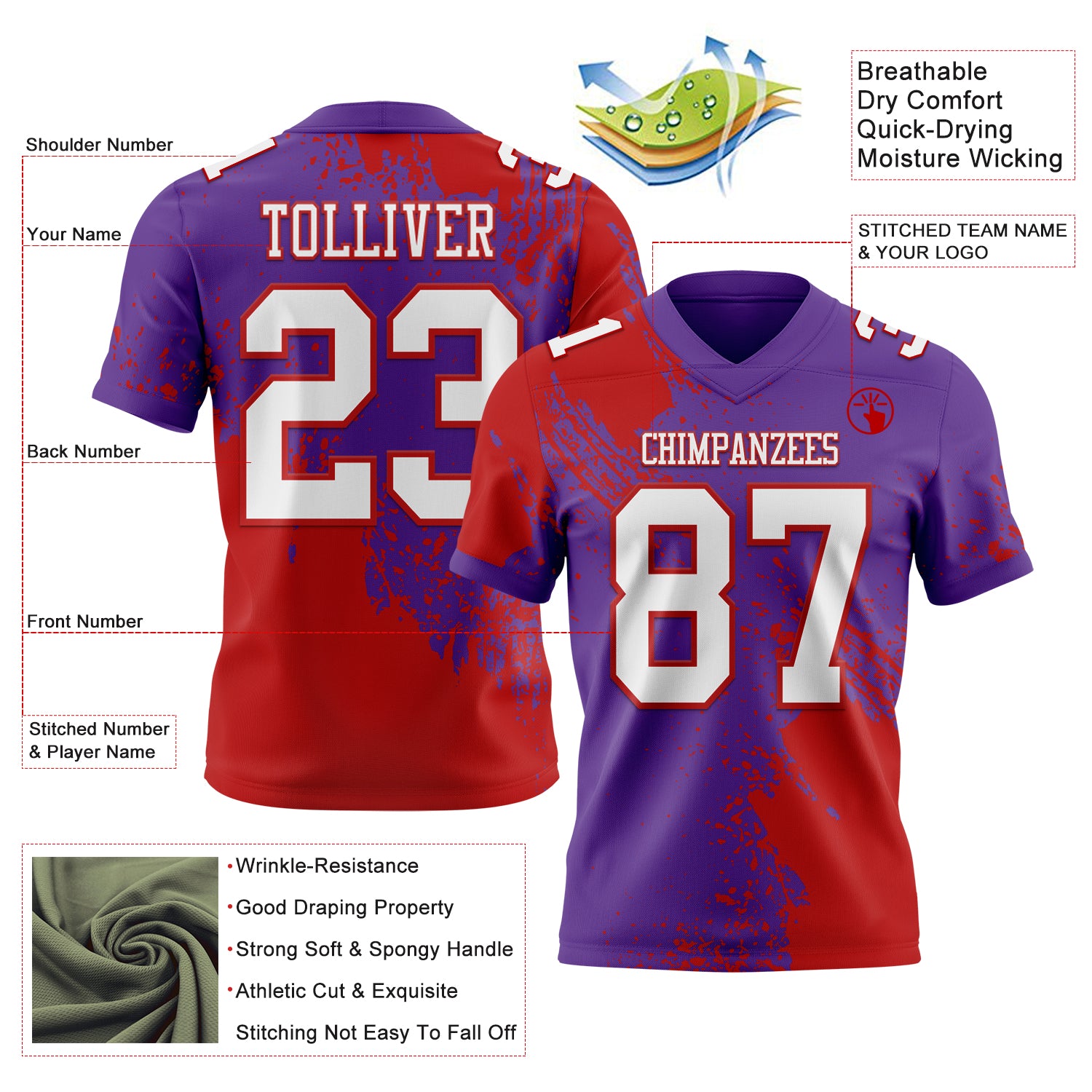 Custom Purple White-Red 3D Pattern Abstract Brush Stroke Authentic Football Jersey