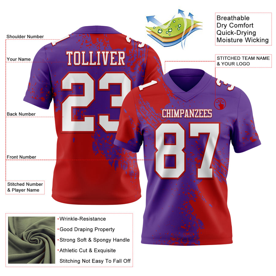 Custom Purple White-Red 3D Pattern Abstract Brush Stroke Authentic Football Jersey