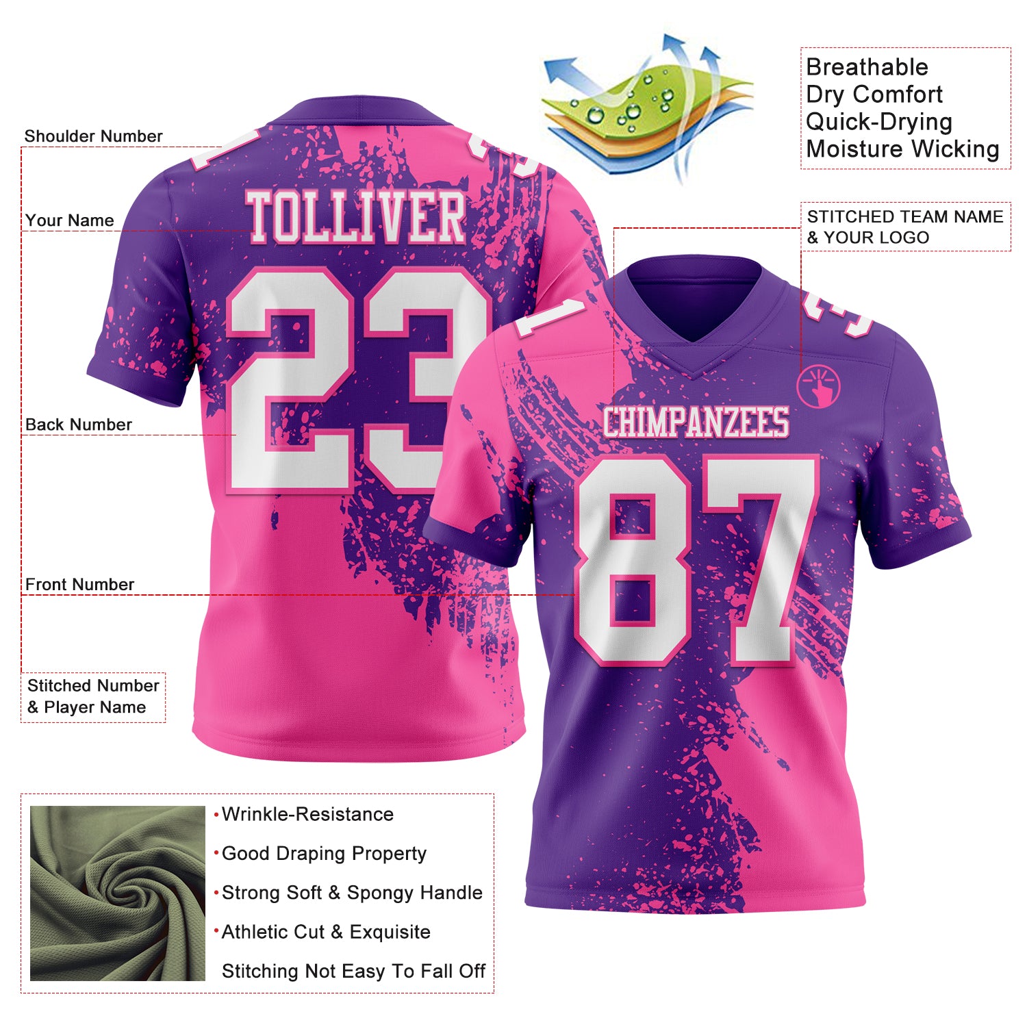 Custom Purple White-Pink 3D Pattern Abstract Brush Stroke Authentic Football Jersey
