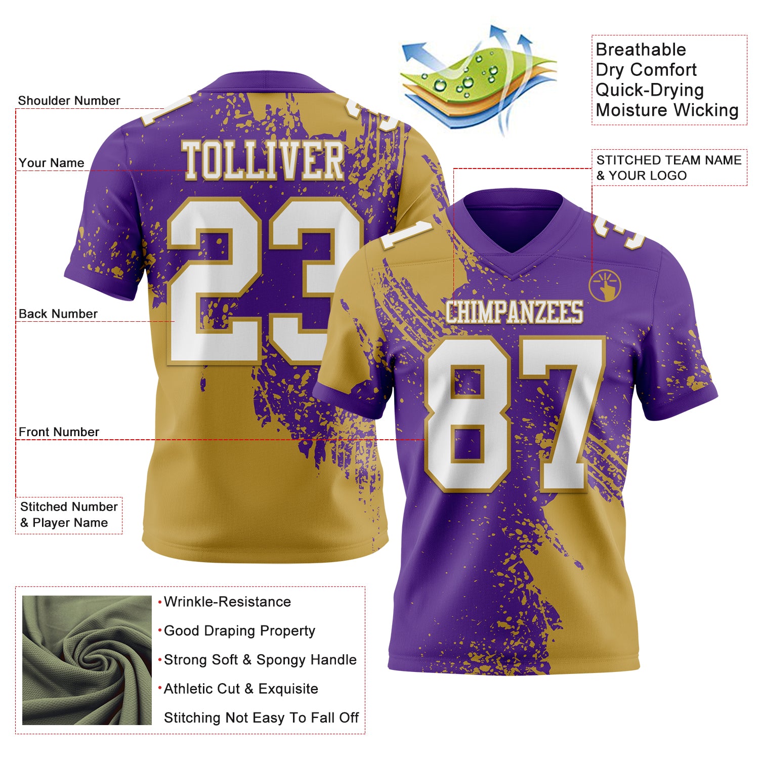 Custom Purple White-Old Gold 3D Pattern Abstract Brush Stroke Authentic Football Jersey
