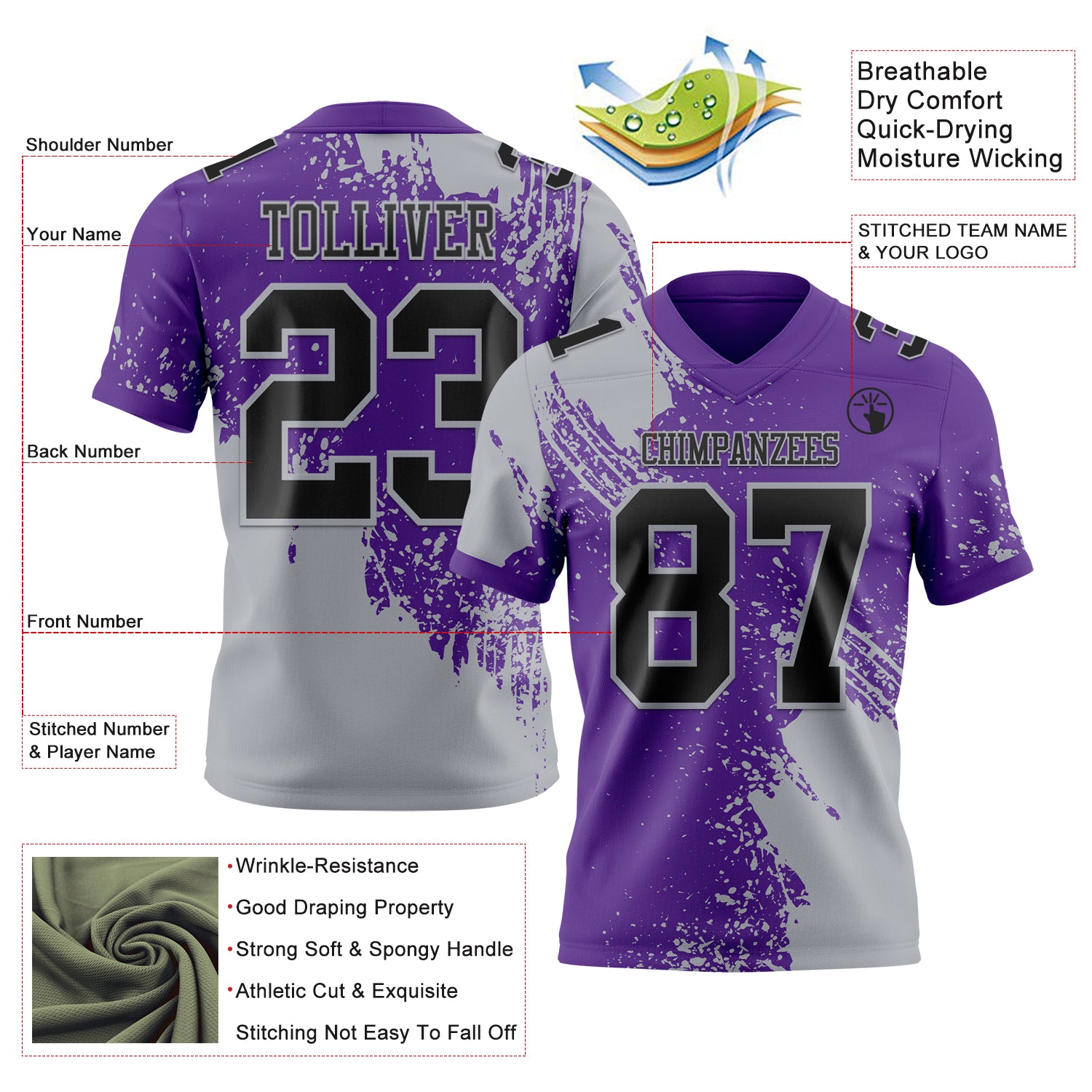Custom Purple Black-Gray 3D Pattern Abstract Brush Stroke Authentic Football Jersey
