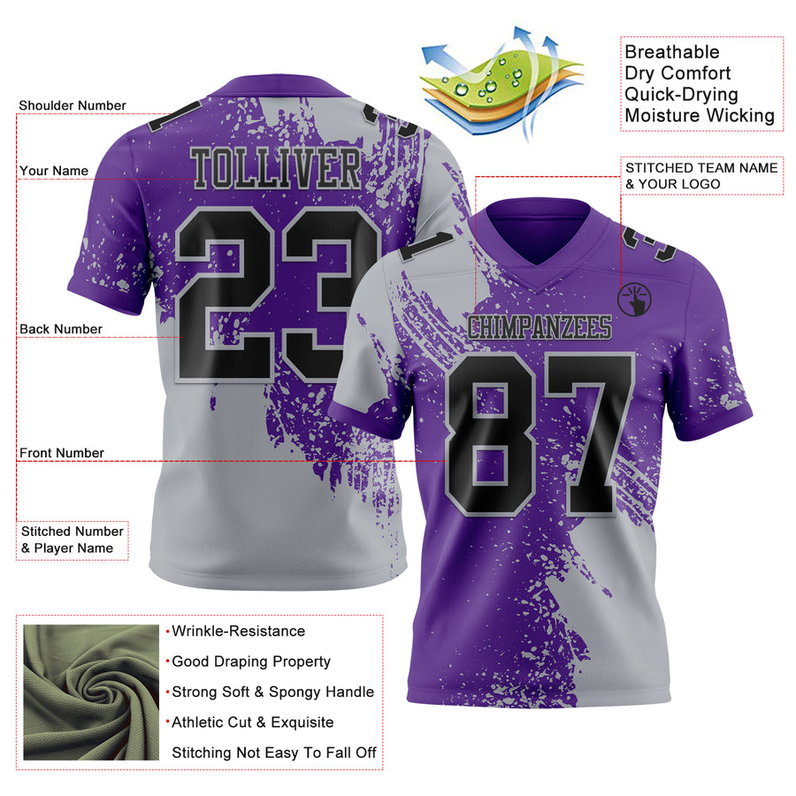 Custom Purple Black-Gray 3D Pattern Abstract Brush Stroke Authentic Football Jersey