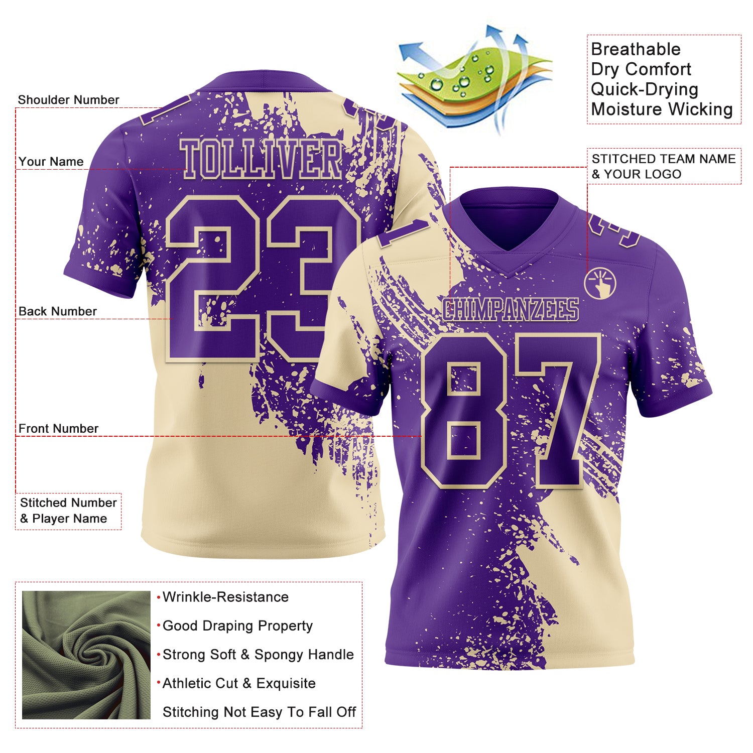 Custom Purple Cream 3D Pattern Abstract Brush Stroke Authentic Football Jersey