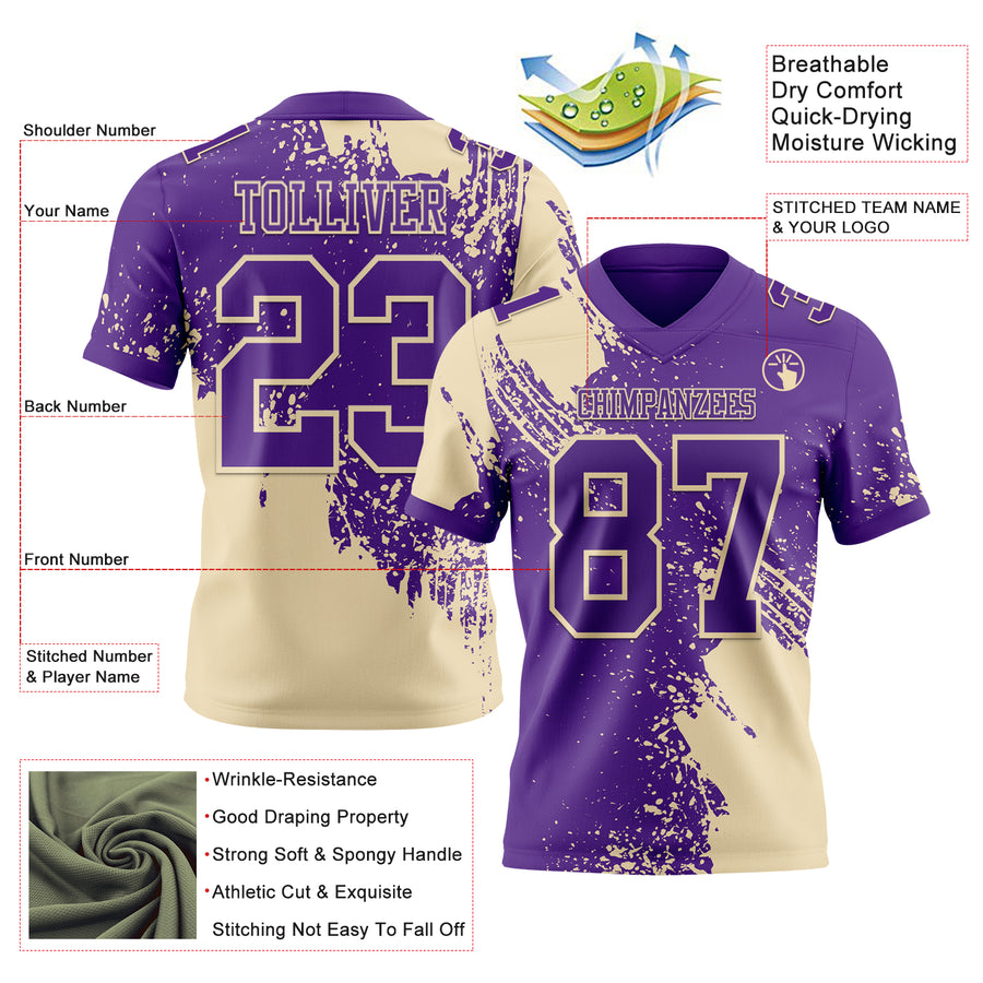 Custom Purple Cream 3D Pattern Abstract Brush Stroke Authentic Football Jersey