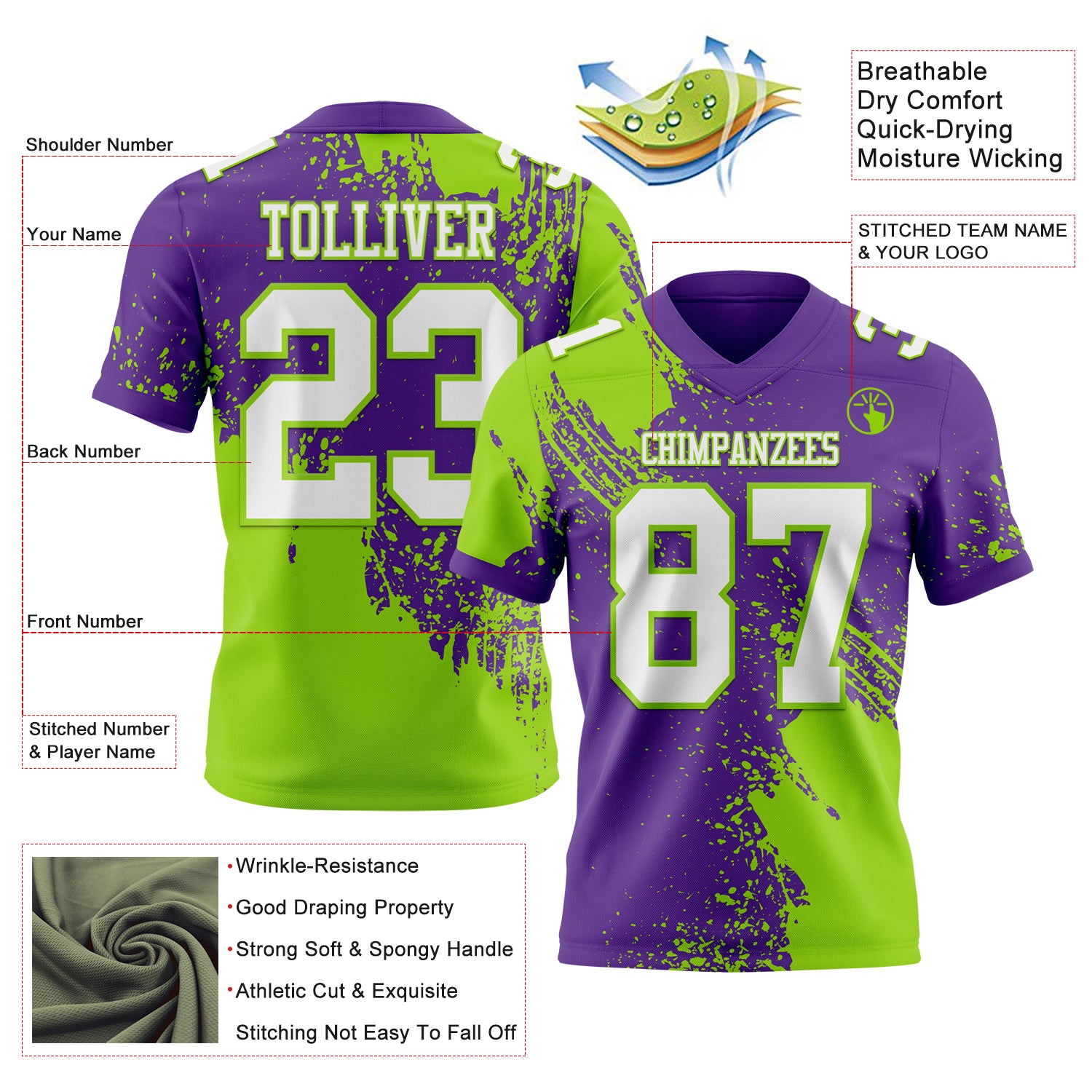 Custom Purple White-Neon Green 3D Pattern Abstract Brush Stroke Authentic Football Jersey