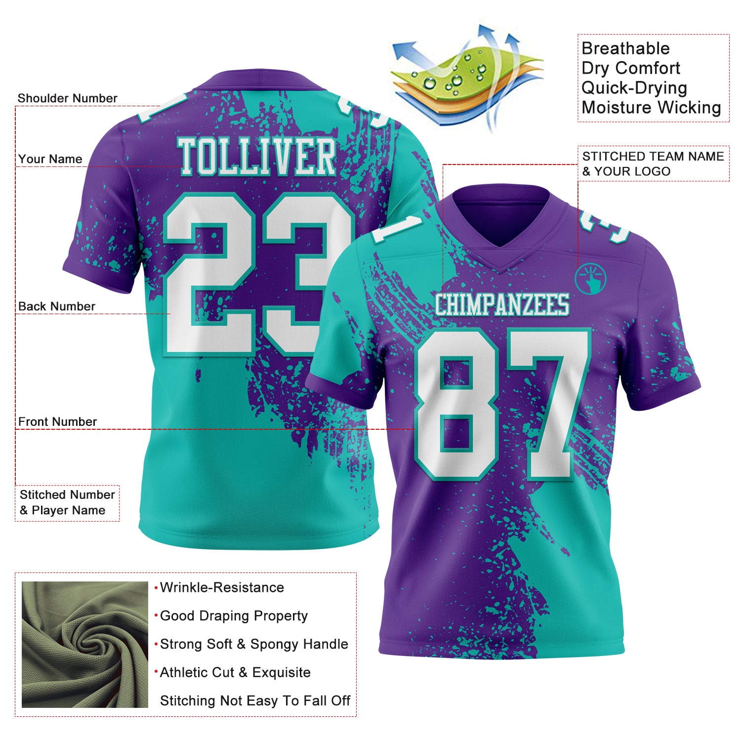 Custom Purple White-Aqua 3D Pattern Abstract Brush Stroke Authentic Football Jersey