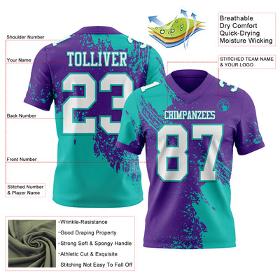 Custom Purple White-Aqua 3D Pattern Abstract Brush Stroke Authentic Football Jersey
