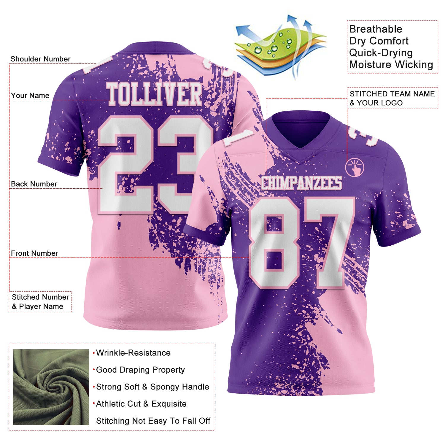 Custom Purple White-Light Pink 3D Pattern Abstract Brush Stroke Authentic Football Jersey