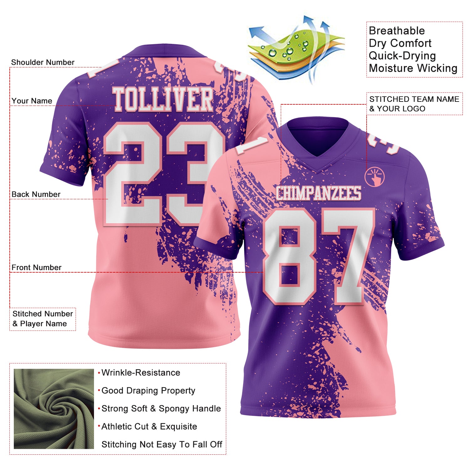Custom Purple White-Medium Pink 3D Pattern Abstract Brush Stroke Authentic Football Jersey
